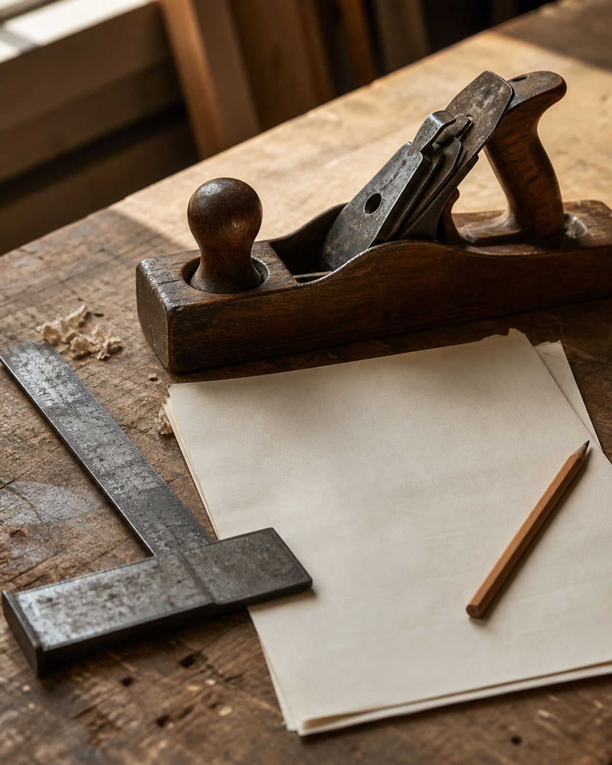 Carpentry tools, repair materials, and finished trim in a residential workspace