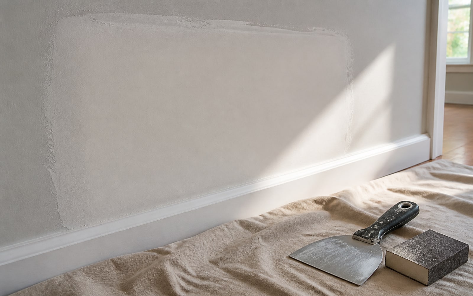 Smooth drywall patch being prepared for final finishing