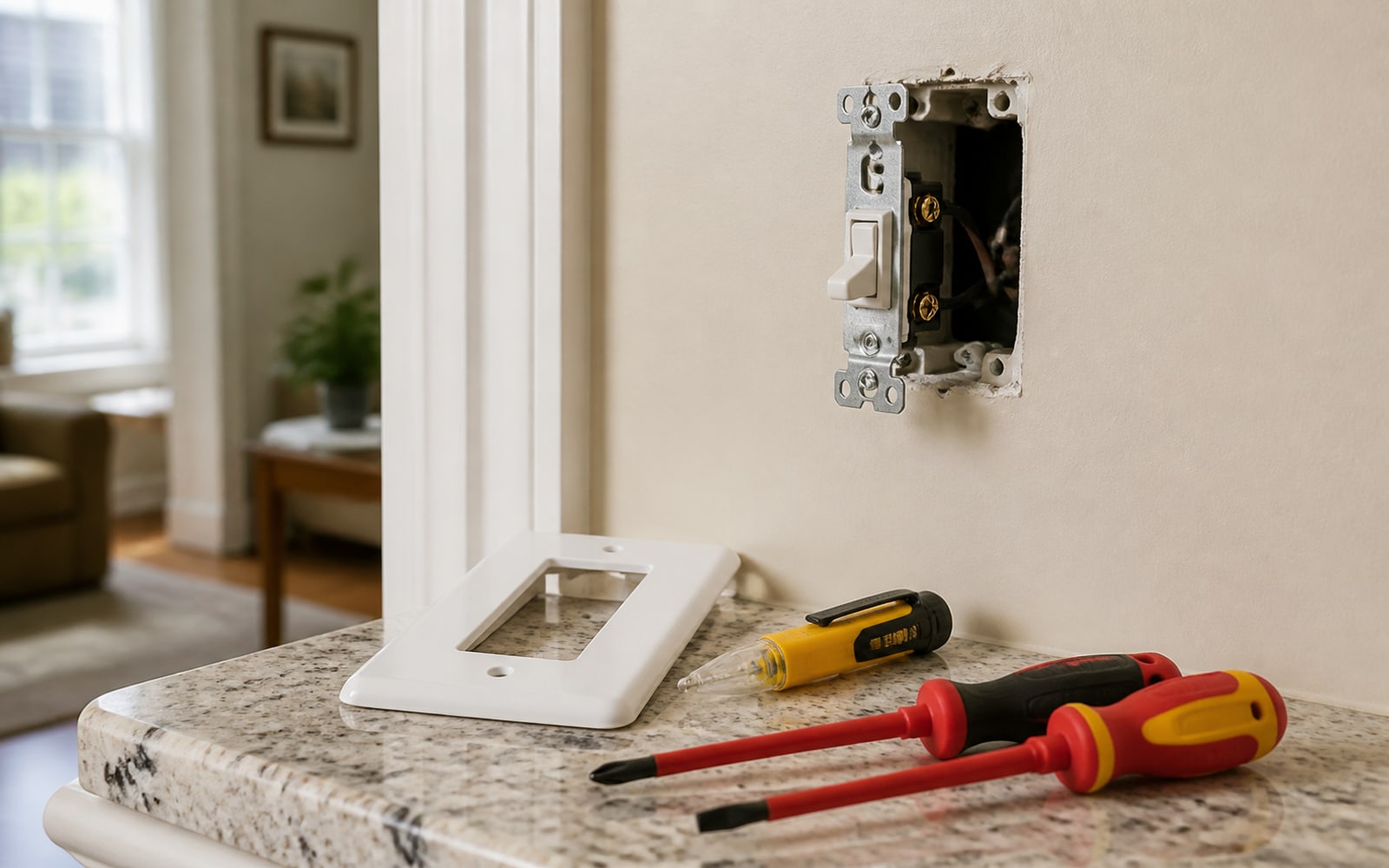 Electrical tester and hand tools beside a wall switch