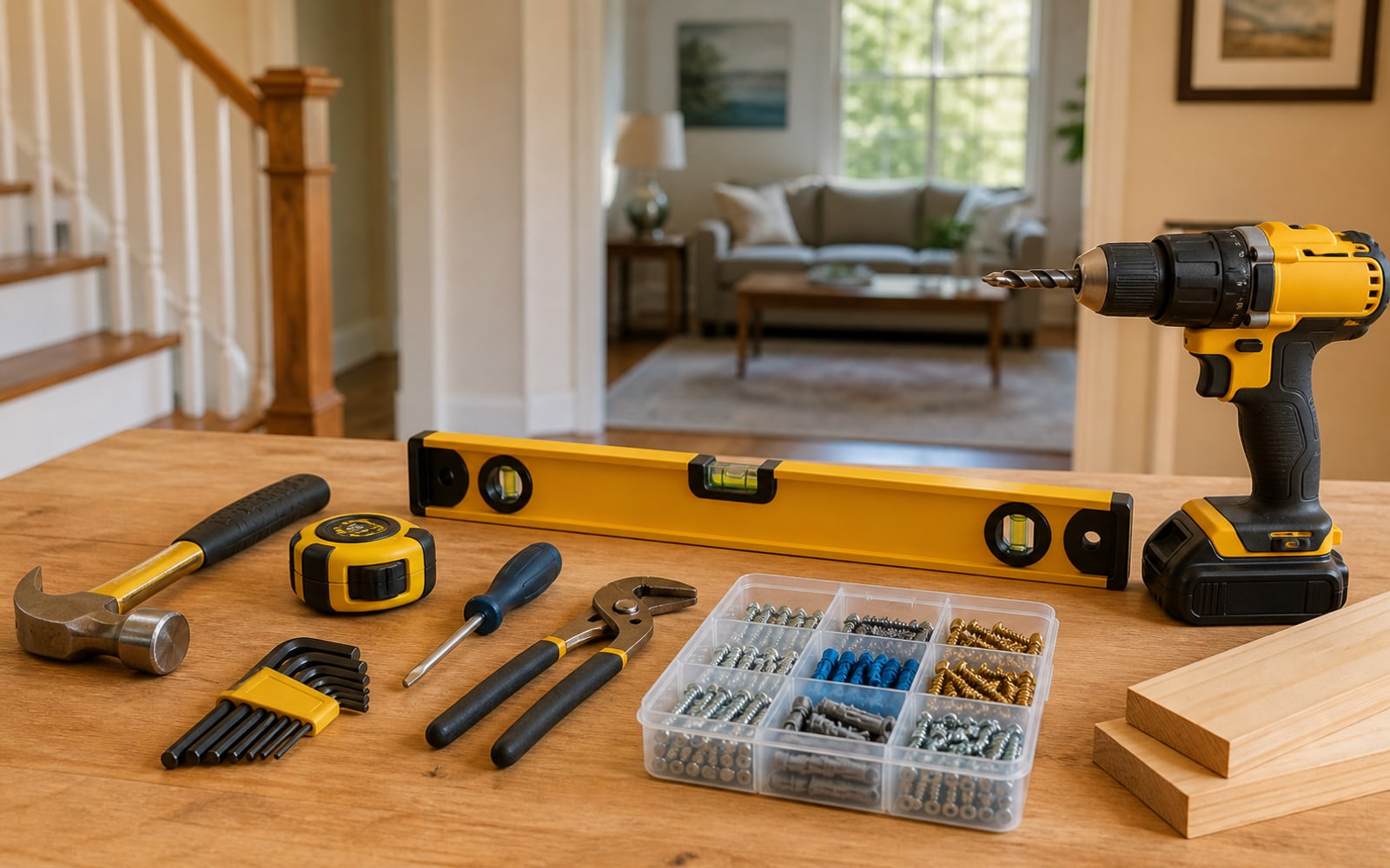 Organized handyman tools prepared for household repairs