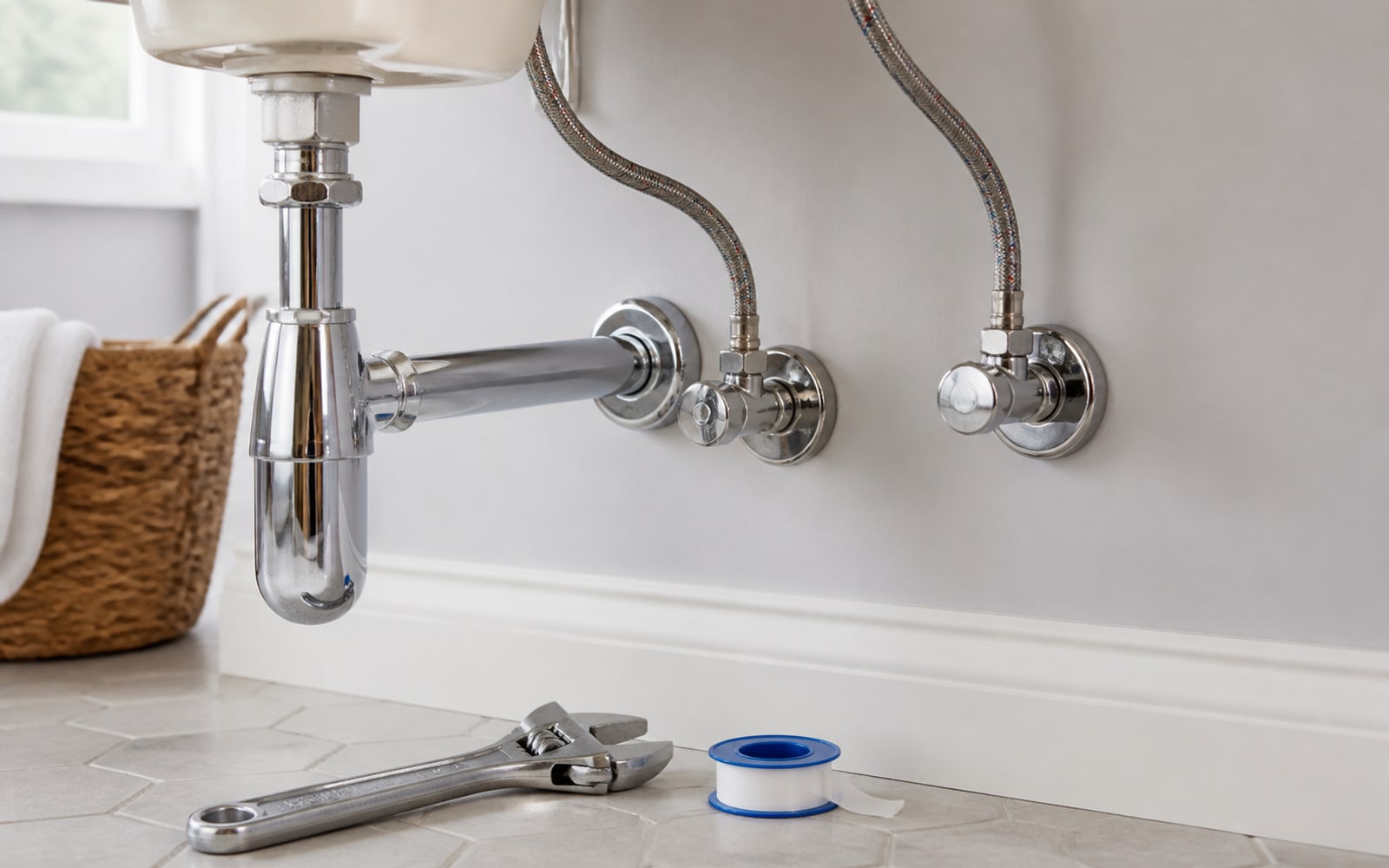 Unbranded tools beside a bathroom faucet repair