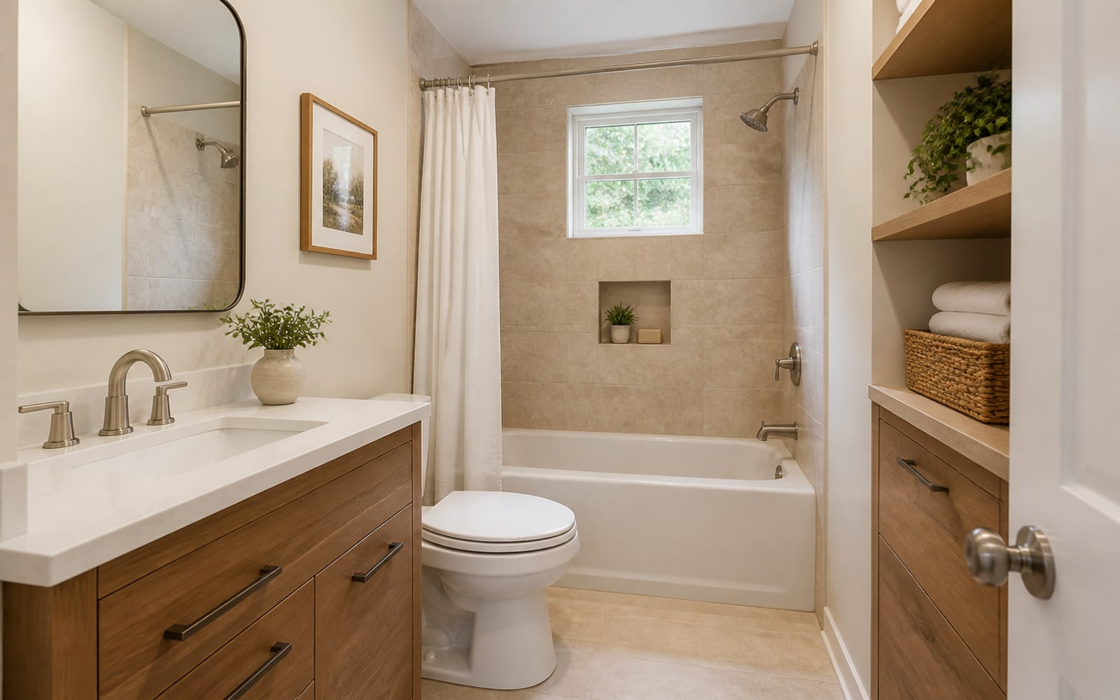 Updated residential bathroom with clean neutral finishes