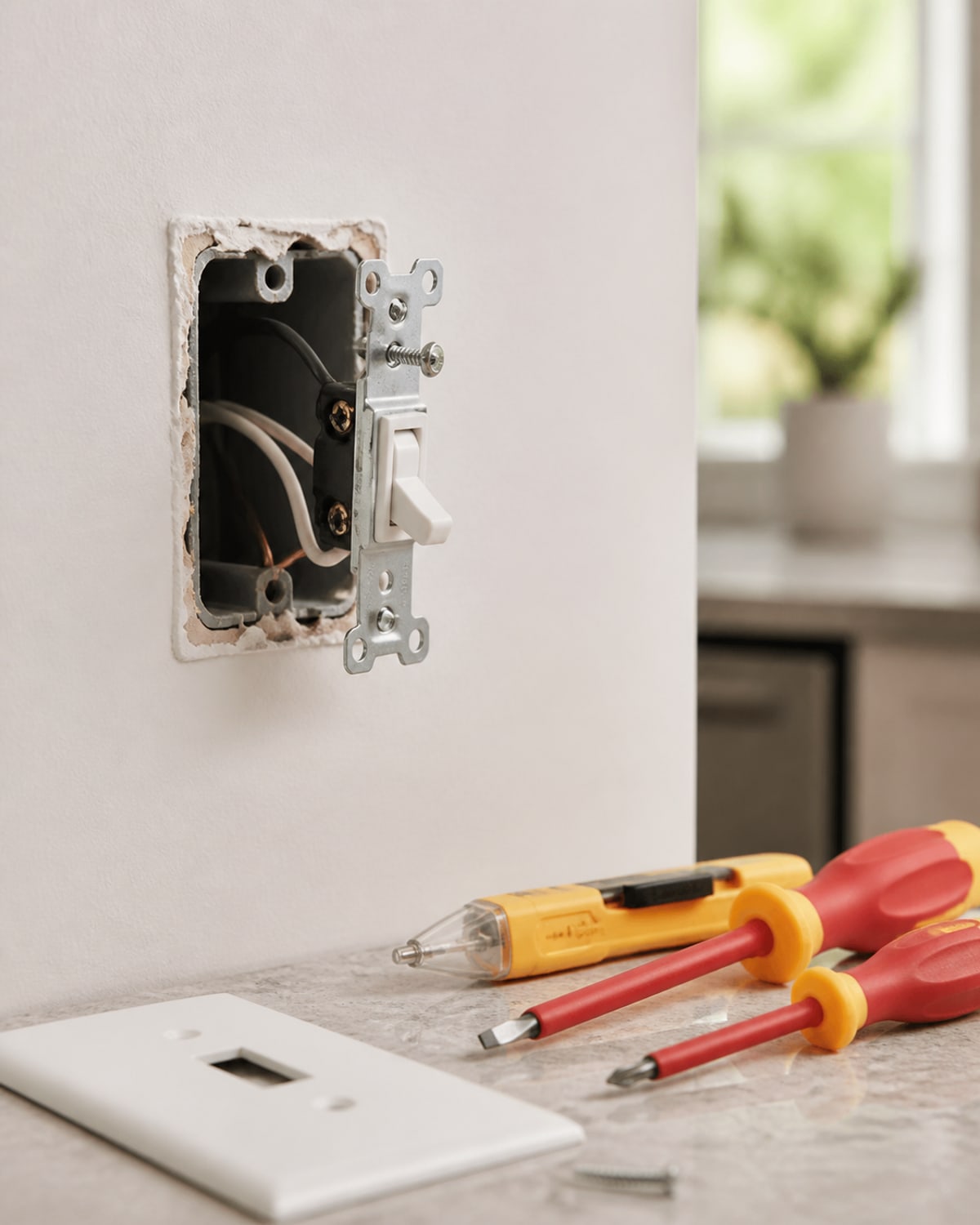 Power-off wall switch, voltage tester, and insulated screwdrivers in a Maryland home