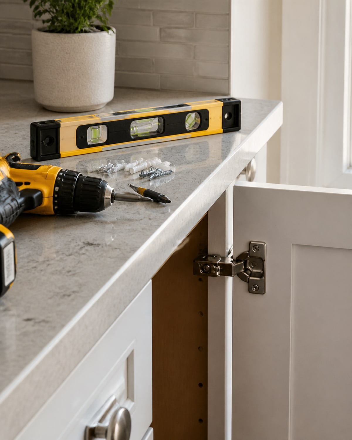 Level, drill, fasteners, and a repaired cabinet hinge in a Maryland kitchen