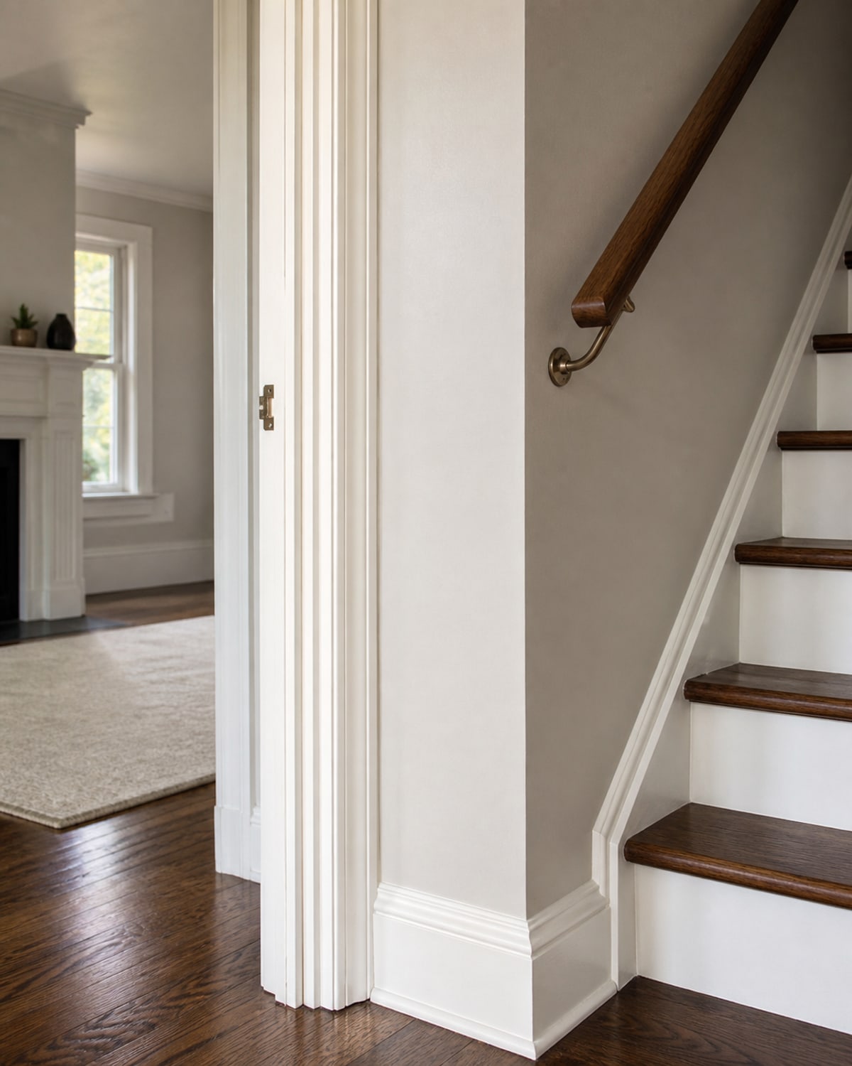 Repaired handrail, doorway, and baseboard details in an established Maryland home