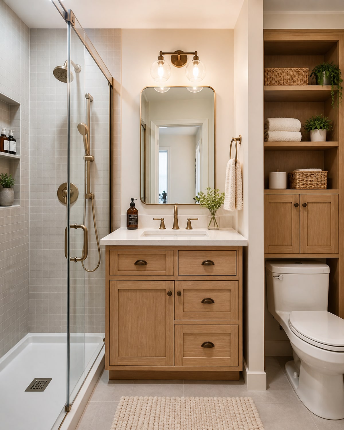 Finished compact bathroom with glass shower, wood vanity, and built-in storage
